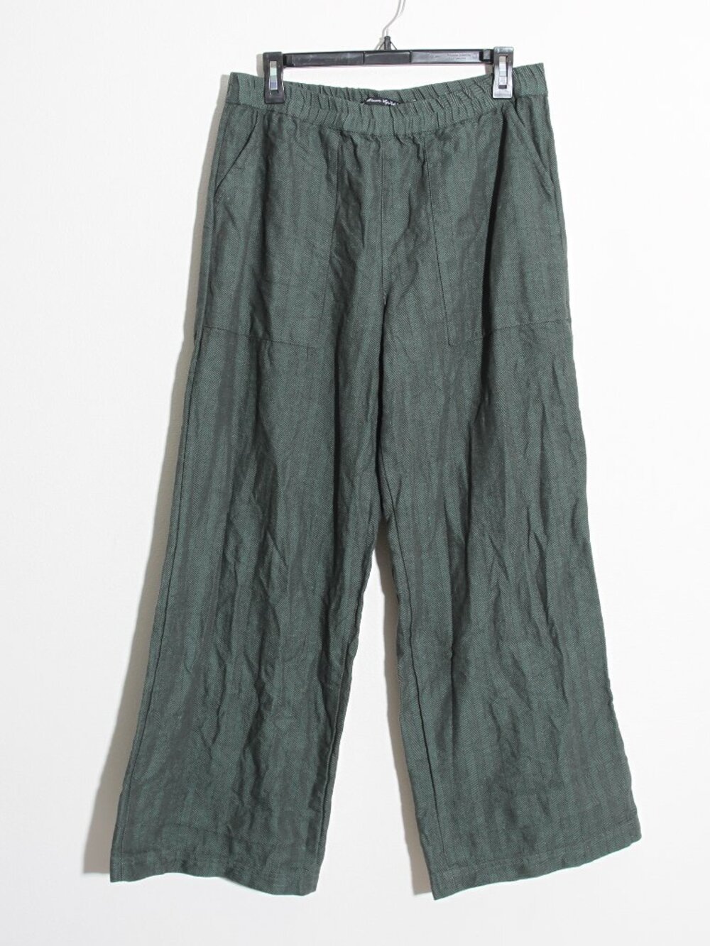 Gudrun Sjoden Wide Leg Pant Green Herringbone Stripe Cotton Linen Pull-On Medium